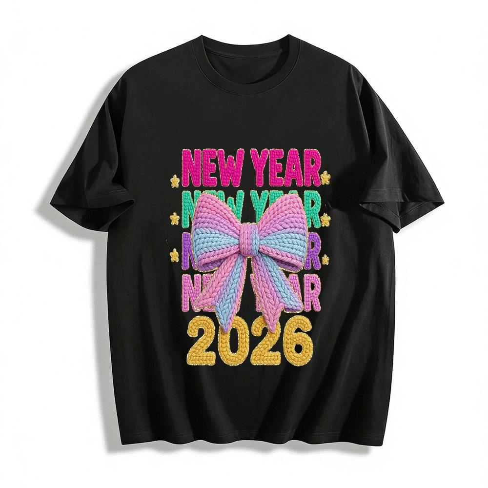 2026 New Year Knit Bow Print Casual Top Pure cotton T-shirt XXS