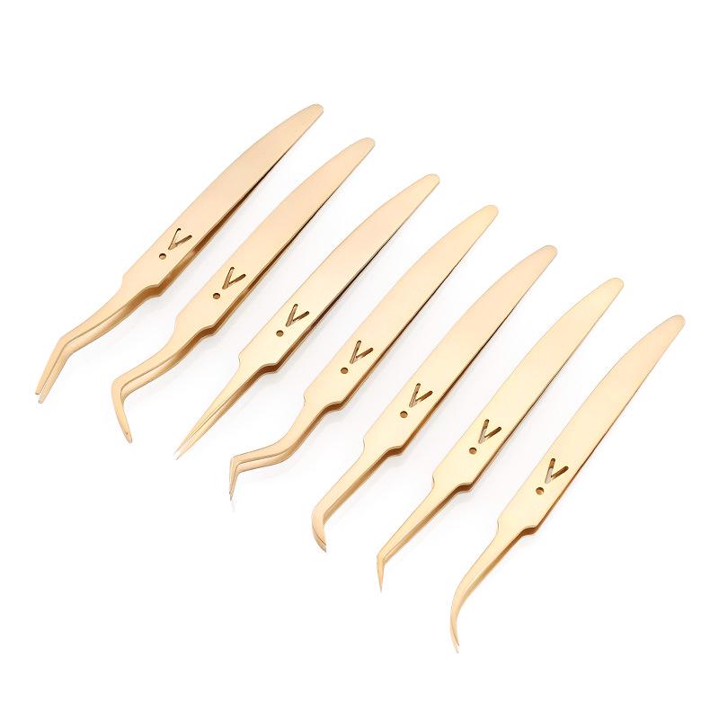 Gold Feather Stainless Steel Eyelash Tweezers Set - Heat-Treated Precision Beauty Tools