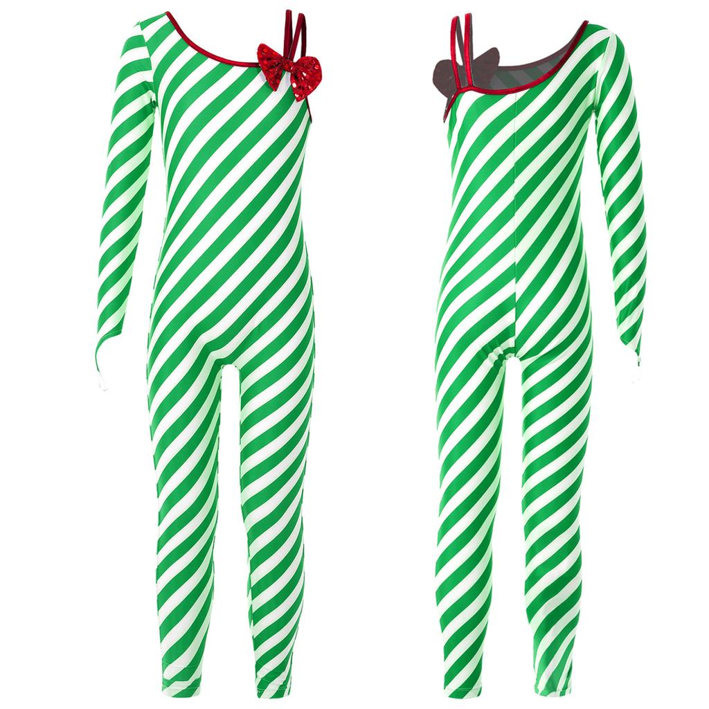 Girls Christmas Candy Cane Striped Unitard One Shoulder Long Sleeve Jumpsuit Ballet Dance Performance Costume