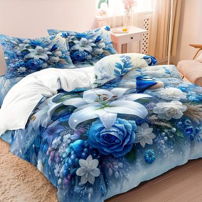 2/3pcs Blue Lily Fleece Duvet Cover Set (1 Duvet Cover, 2 Pillowcases, Excluding Filling), Blue Lily Digital Printed Bedding Set