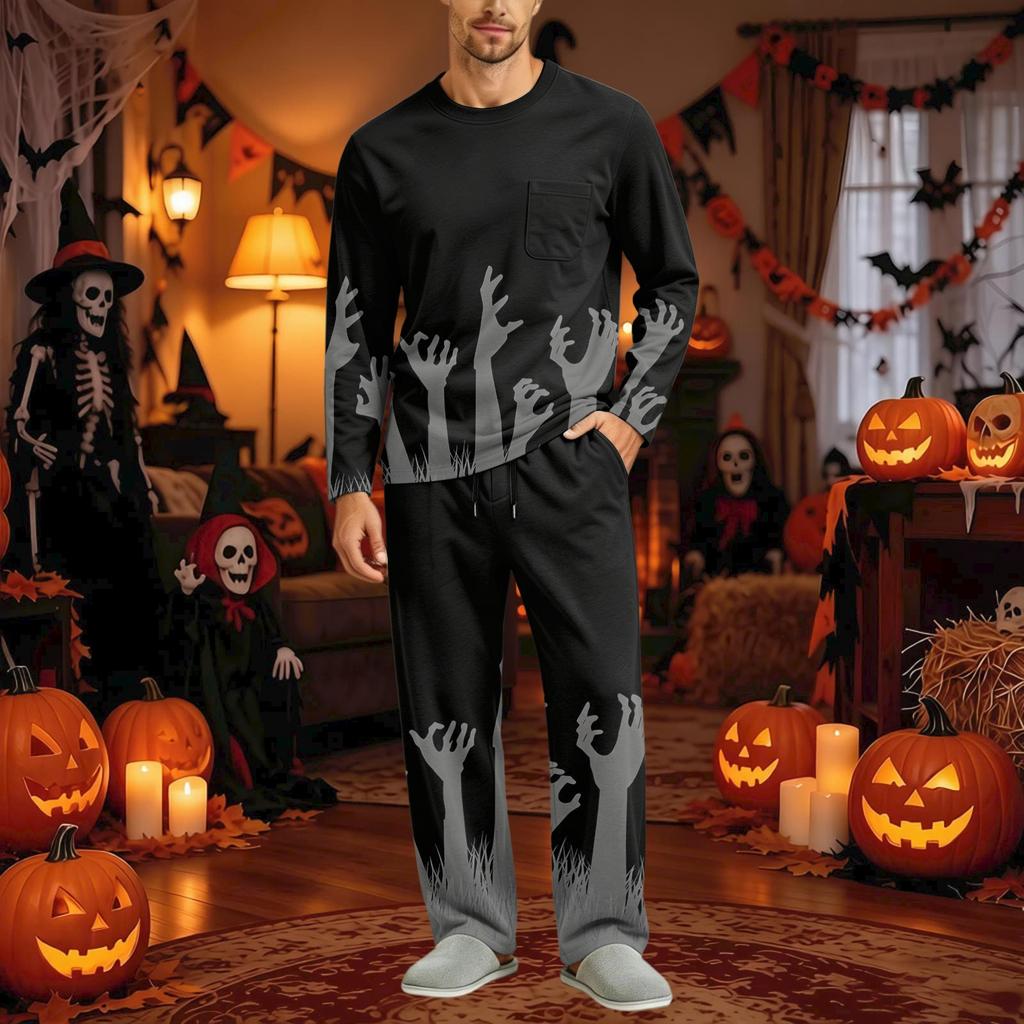 Men's Halloween Pajama Set Long Sleeve with Button Crotch and Elastic Waist Drawstring for Holiday Sleepwear