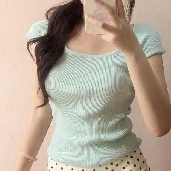 

Women s French Academy Style Summer Outfit: Mint Green Knit Top + Polka Dot Skirt Set. 2XL