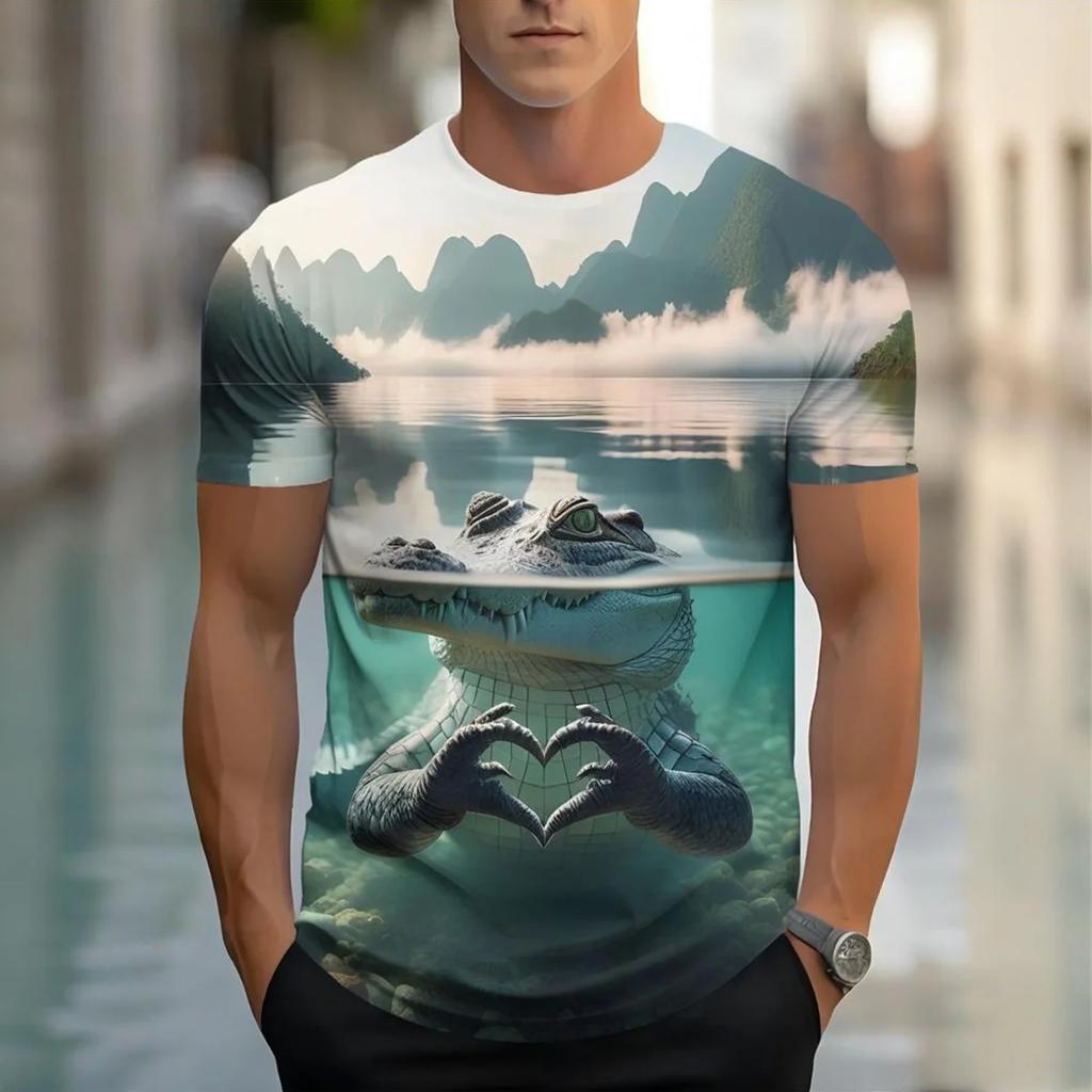 Men's 3D Crocodile Pattern Short-Sleeve T-shirt Ribbed Crew Neck Summer Breathable Party Casual Men's Clothing