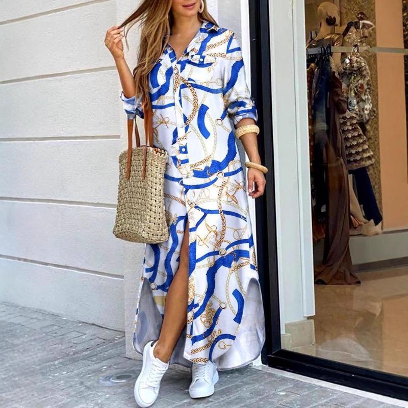Women Casual Long Sleeve V Neck Shift Dress Loose Long Maxi Shirt Dress with Pocket