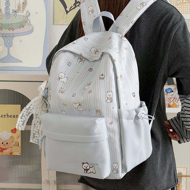 Schoolbag Female Japanese Small Fresh Sweet Printed Bear Striped Backpack Junior High School Student Lightweight Large Capacity Backpack