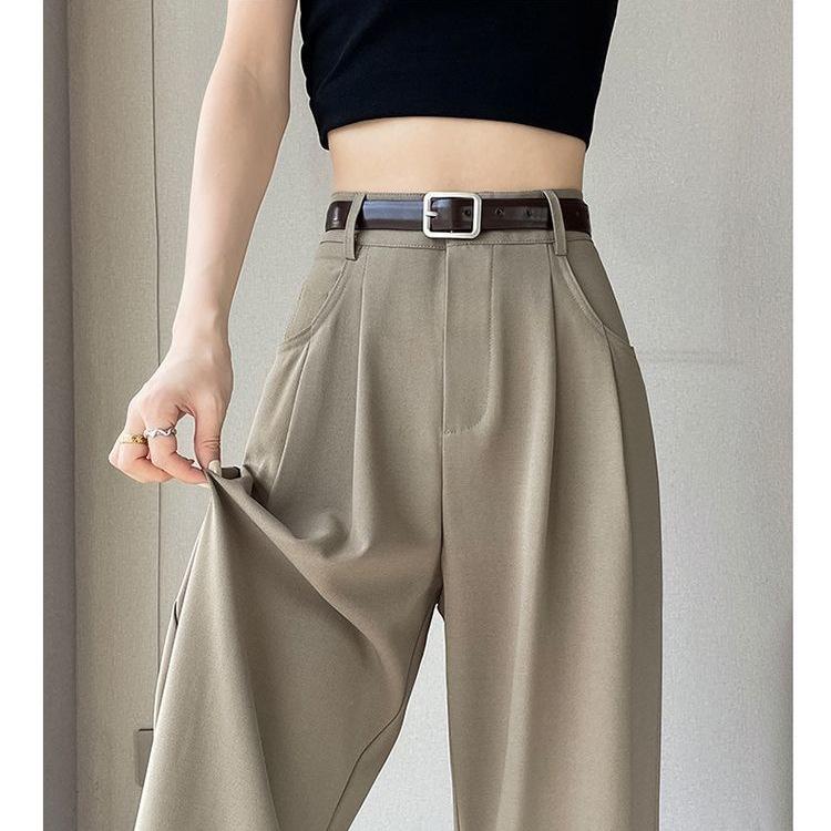 Khaki High-Waisted Slim-Fit Wide-Leg Dress Pants for Women - Spring/Summer Collection