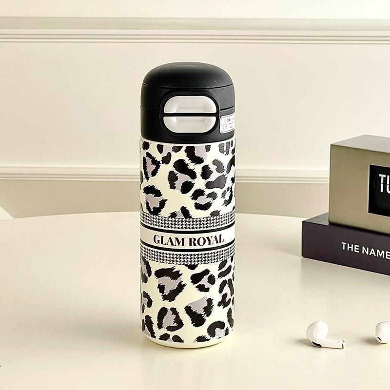Fashion Leopard Print Double Drink Thermos Cup Girls Trend New Water Cup Portable Portable Stainless Steel Straw Cup Gifts