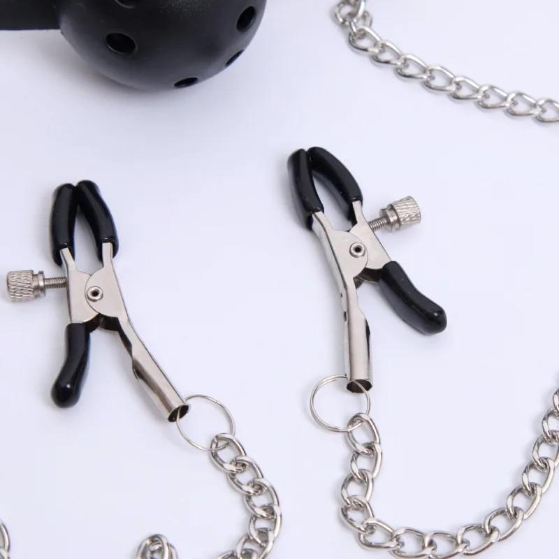 Erotic Toy PU Leather Mouth Gag Ball Oral Sex with Chain Clip Breast Nipple Clamps Bondage Harness Sex Toys Adult Games