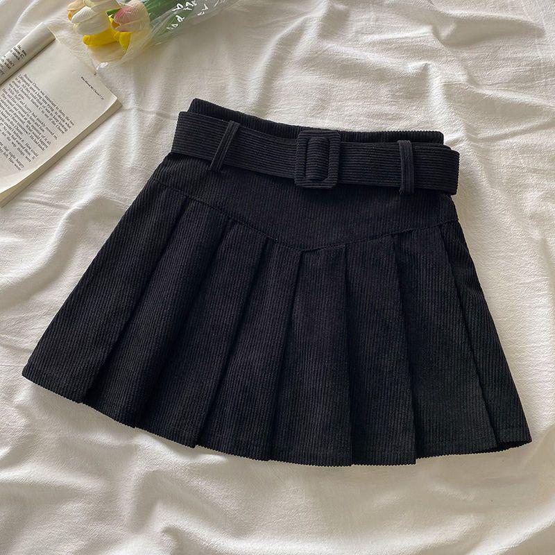 Women's Corduroy Pleated A-Line Skirt – High Waist, Slim Fit, College Style for Spring, Autumn, and Winter 2024
