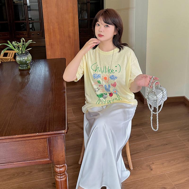 Large size age-reducing graffiti printing T-shirt summer new cool pullover versatile top 232528