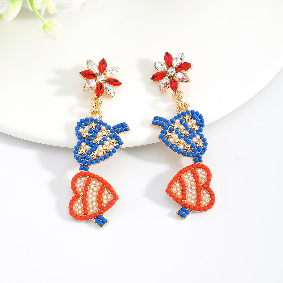 American Independence Day simple love diamond earrings, red, white and blue rice bead earrings, European and American fashion earrings