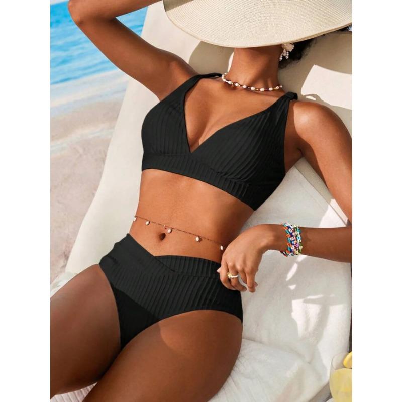 Sexy High Waist Bikini Set 2025 Women V Neck Ribbed Push Up Two Piece Swimsuit Summer Bathing Suit Holiday Swimwear Biquini