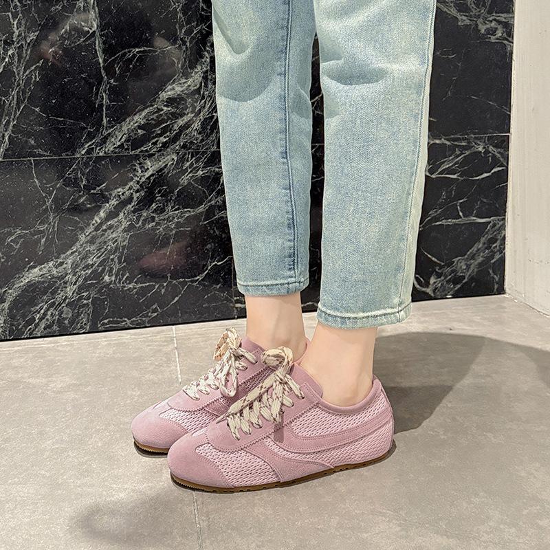 Leather German training shoes women's 2025 summer new mesh breathable retro casual sports shoes flat bottom low top board shoes women