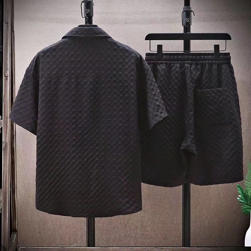 Summer Men Sets Casual Oversize Plaid Lapel Short Shirts Shorts Two-Piece Casual Solid Short Sleeve Loose Fashion Streetwear