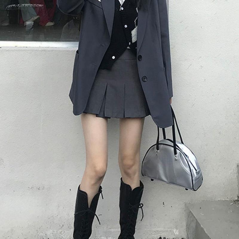 HOUZHOU Mini Skirt Women Summer Skirt Grey Korean Vintage Basic College Style Student Casual High Waist Skirt