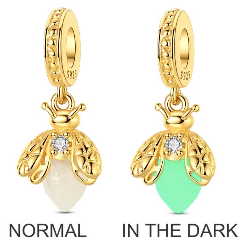 925 Silver Golden Series Charms Bead with CZ Zircon Whale Butterfly Sun Pendant for DIY Fashion Jewelry Bracelet