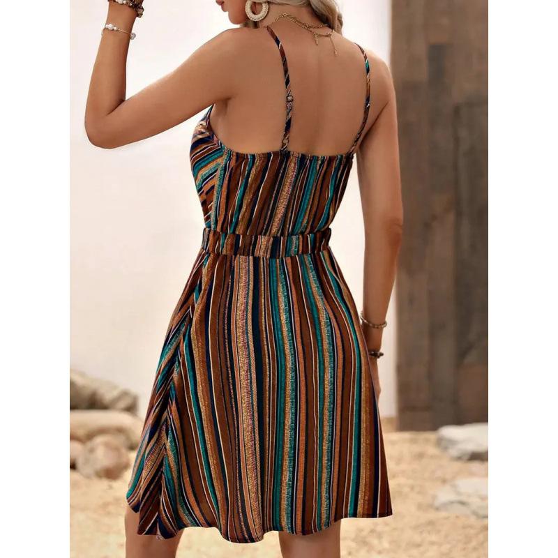 Summer new striped v-neck suspender dress exotic bohemian vacation dress