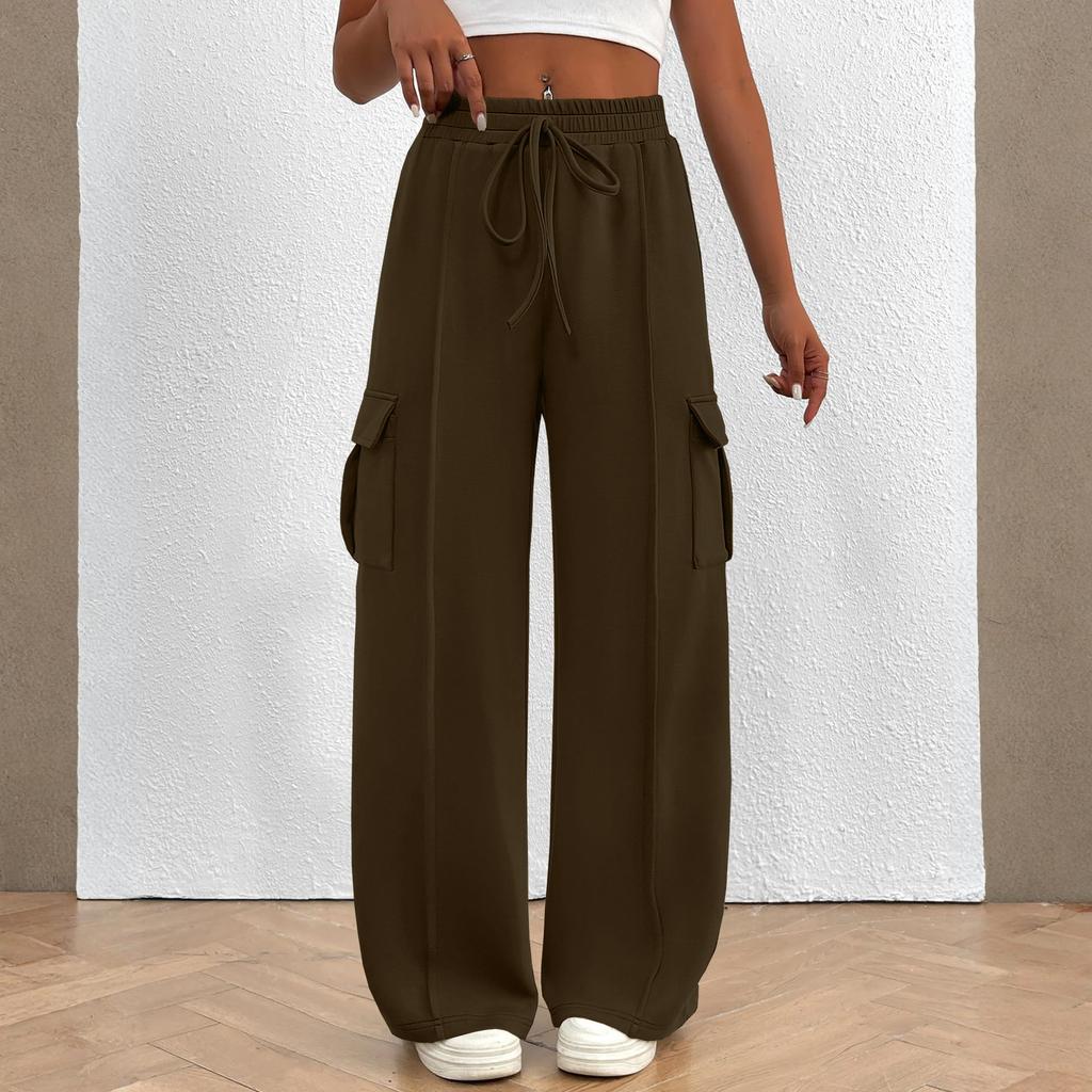 Women's Overalls Casual Lightweight Solid Color Trousers Drawstring Multi-Pockets Straight Leg Pants