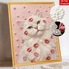 Easy DIY Framed Pearl Bead Painting Kit with Romantic Kiss Lips White Cat 3D Sparkling Canvas Art for Home Decoration Gift Idea