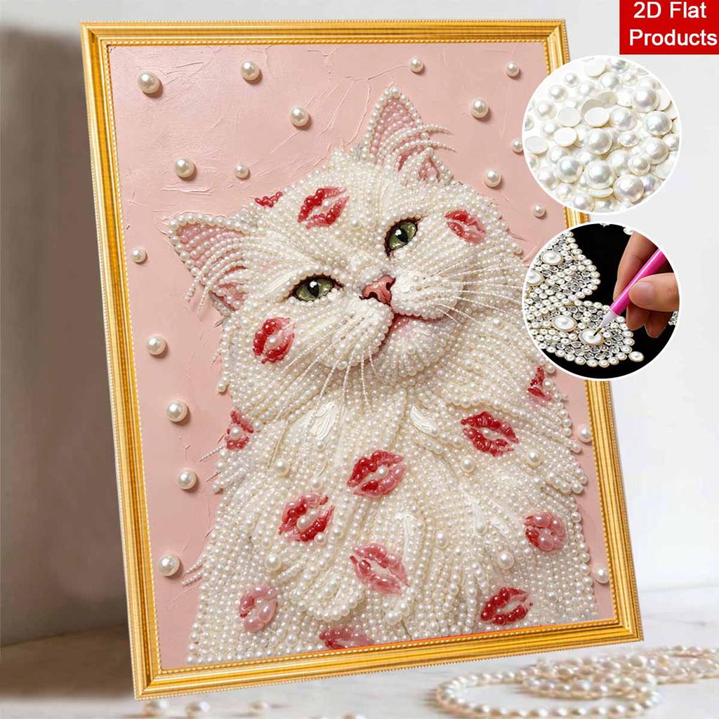 Easy DIY Framed Pearl Bead Painting Kit with Romantic Kiss Lips White Cat 3D Sparkling Canvas Art for Home Decoration Gift Idea