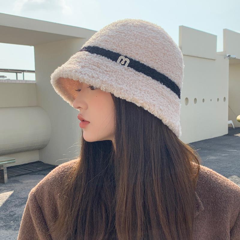 

Корейская версия осенне-зимней шляпы для женщин, с надписями, имитация овечьей шерсти, полосатая шляпа-рыбак для зимы, теплая шляпа-ведро, толстая One Size