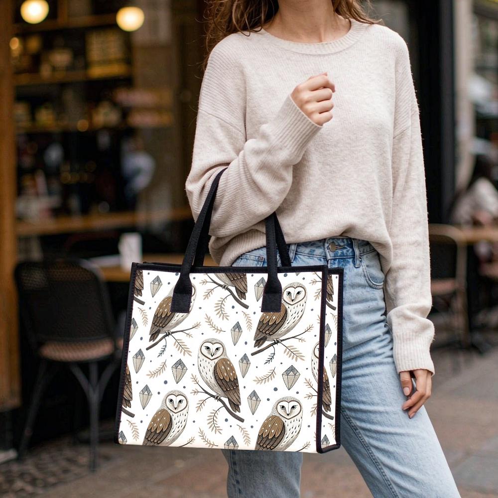 Owl Pattern Canvas Tote Bag Large Capacity Daily Handbag for Shopping Travel Commute
