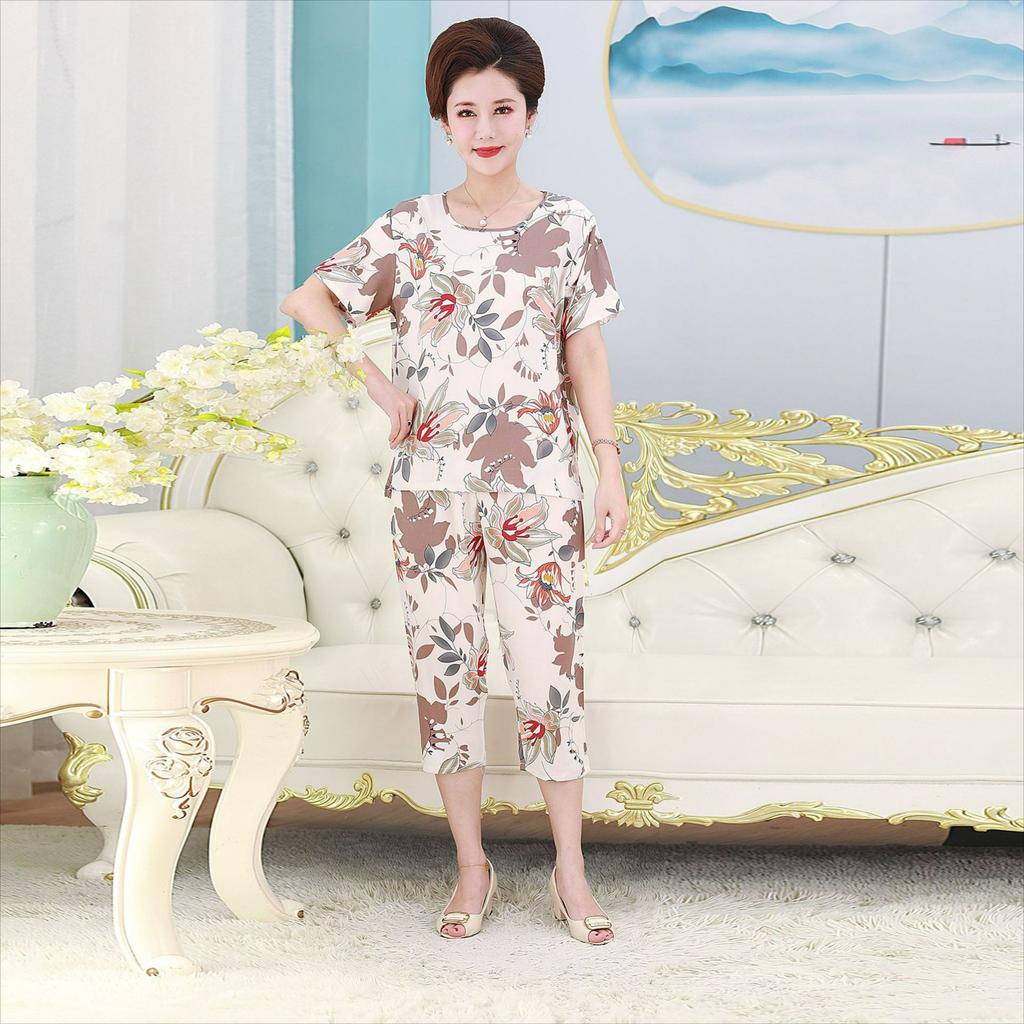 Women's Summer Suits, Casual Plus Size Artificial Cotton Short-sleeved Middle-aged Mother Pajamas, Homewear
