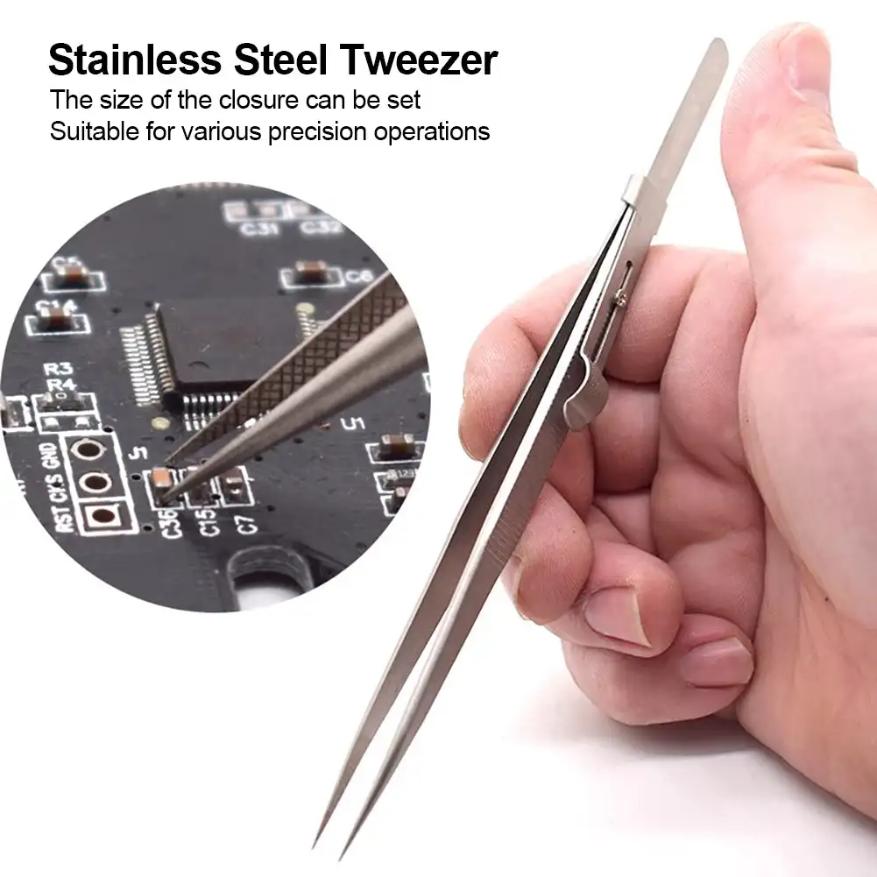 Adjustable Self Clamping Tweezers Jewelry Making Tool Slide Lock Stainless Steel Tweezers Electronic Component Repair Tools