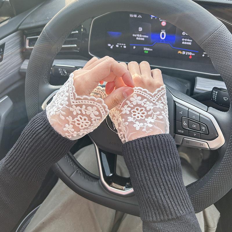 Pleated Ruffles Horn Cuffs Hollow Out Embroidery Floral Lace Fake Sleeves Double Layer Sweater Wristband Accessories