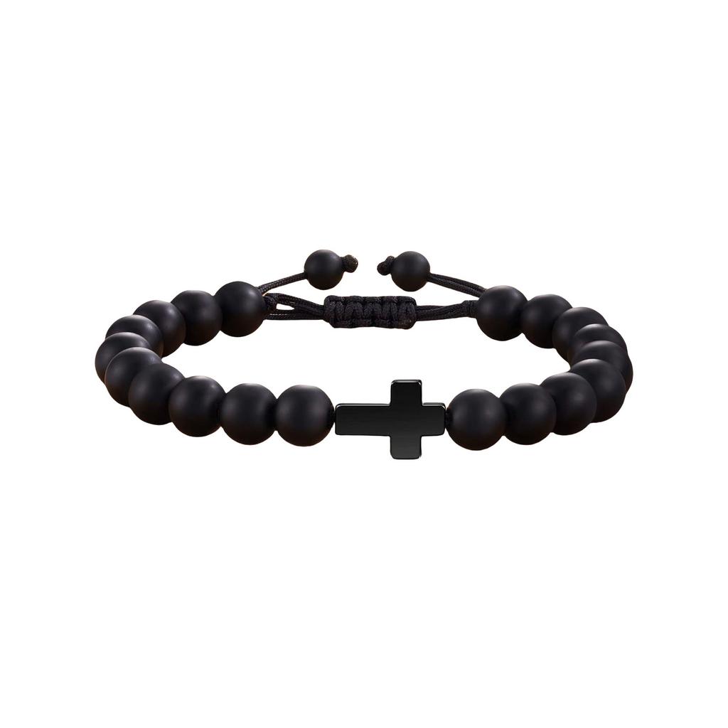Father's Day Gift Bracelet Black Cross Pendant Black Rope Braided Adjustable 8mm Black Frosted Cross Bracelet