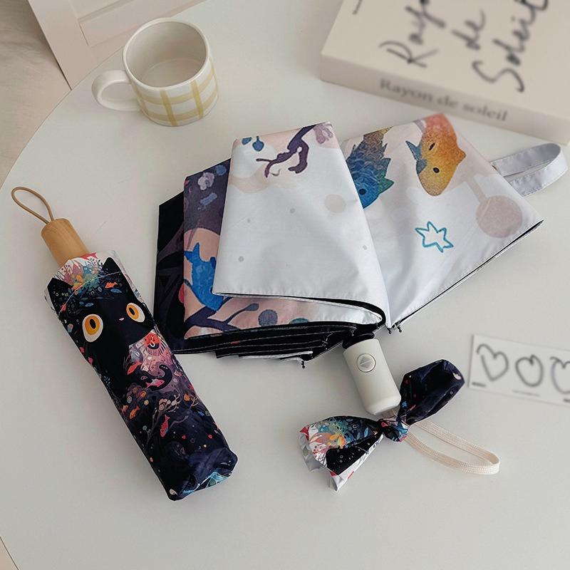 Cute Cartoon Fish and Cat Folding Umbrella Sun Protection Rain-proof UV Protection Umbrella Fully Automatic Sun Umbrella
