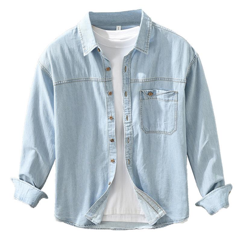 Korean Retro Style Mens Long Sleeve Denim Shirt Pure Cotton Jean Shirt Spring and Summer Casual Shirt Lapel Collar