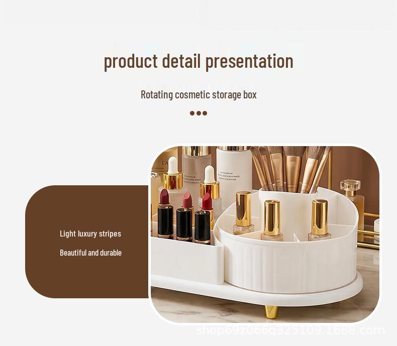 360° Rotating Makeup Organizer with Large Compartments for Lipstick, Brushes, and Skincare Products.