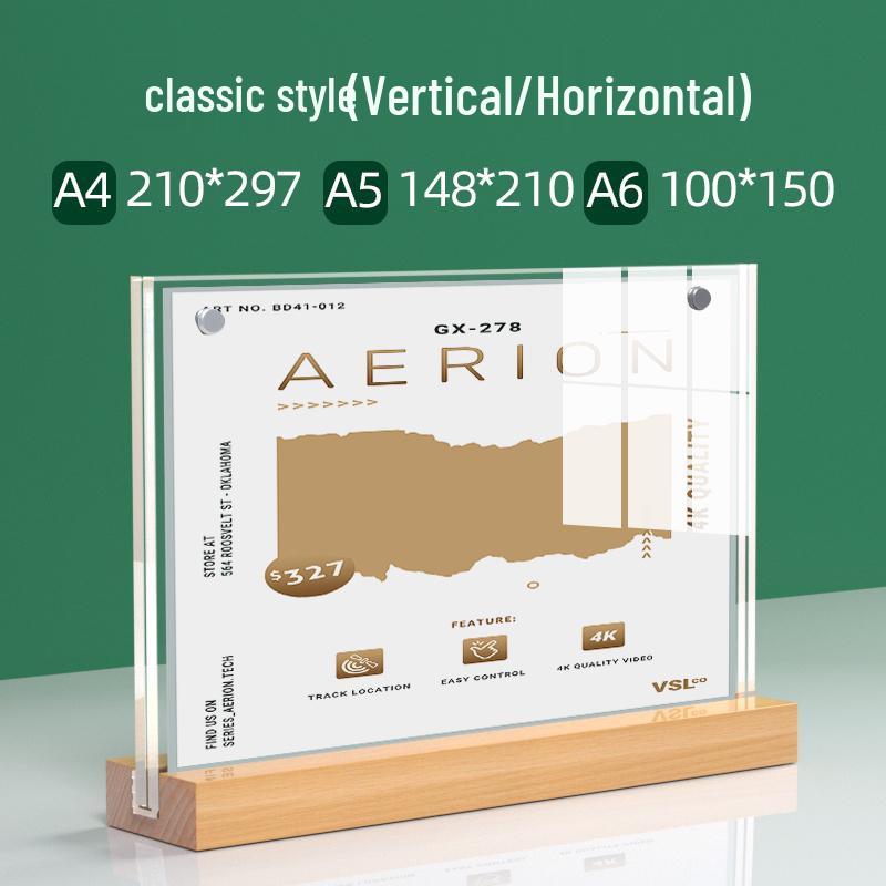 

Акриловий тримач для столових карток формату А4 з основою з букового дерева, двосторонній висувний стенд