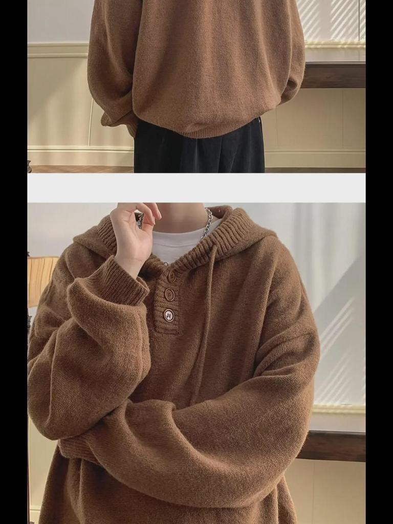 Men's Winter 2024 Casual Knitted Hooded Sweater - Button Design Pullover