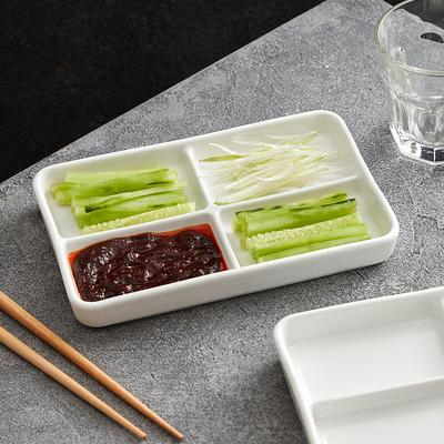 White Rectangular Multi-compartment Ceramic Seasoning Compartments Plate, Dipping Sauce, Side Dishes, Barbecue Sauce Dish