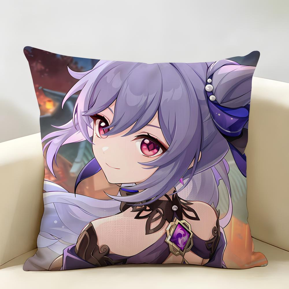 Keqing Genshin Impact Cushion Cover Natural Linen Organic Fabric DoubleSided Printing Room Sofa Decor Pillow Case