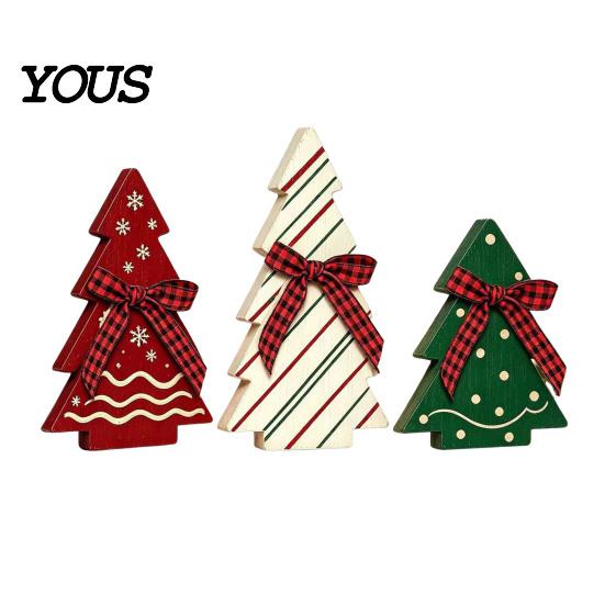 Rustic Christmas Tree Tabletop Ornaments 3Pcs Wooden with Plaid and Hemp Rope Bow, Farmhouse Indoor Decorations for Fireplace Polka Dot Xmas