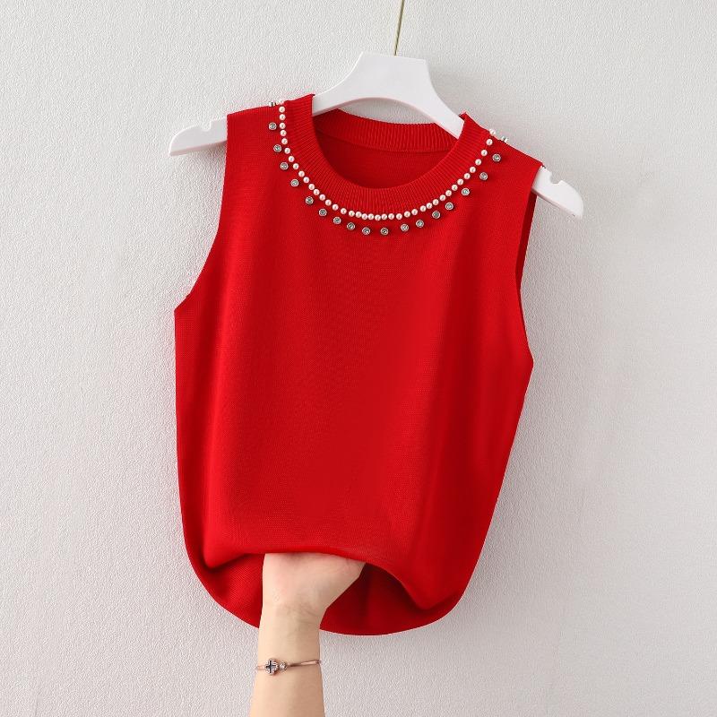 Women Summer New Round Neck Beading Tank Tops Elegant Slim Fit Knitted Casual Base Female Sleeveless Tanks Vest Simple Sweet Fashion Lady Camis 3115