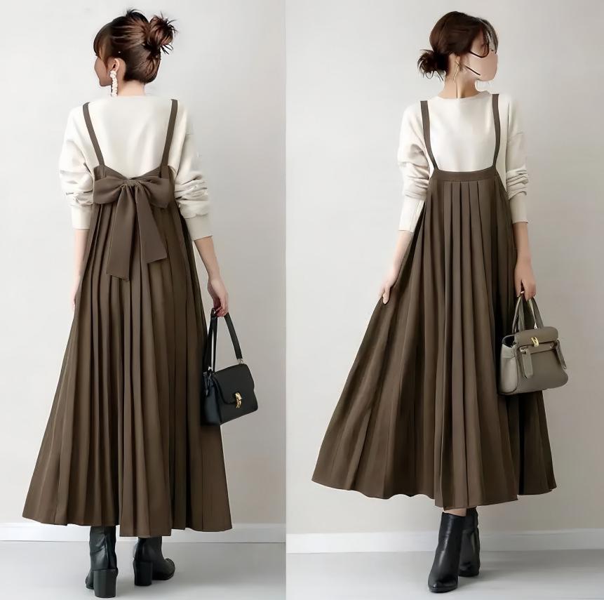 

Spring/Summer 2026 Coffee High Waist Slimming A-line Dress with Front Tie – European & American Style Women s Clothing. S