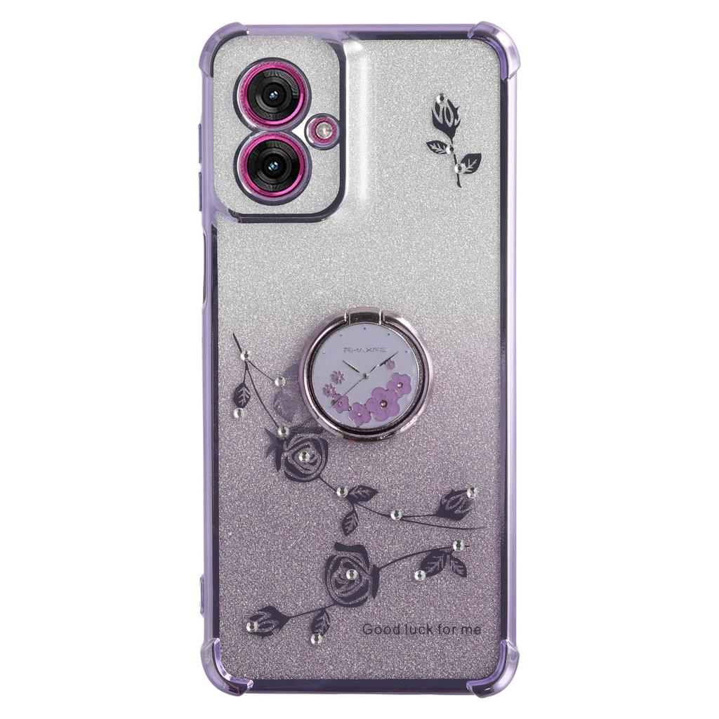 KADEM For Motorola Moto G55 5G Case Ring Kickstand TPU Flowers Phone Cover Gradient Glitter