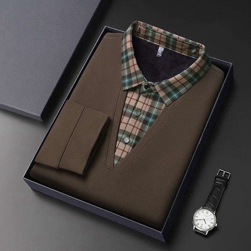 Business T-Shirt Match Plaid Men'S Shirt Collar Long-Sleeved Polo Shirt Fake Two-Piece Knitted Bottoming Shirt