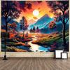 Obsecolors Sun Forest Mountain Tapestry Trippy Sun Tapestry Hippie Nature Landscape Tapestries Aesthetic Sunset Magic River Tapestries Wall Hanging