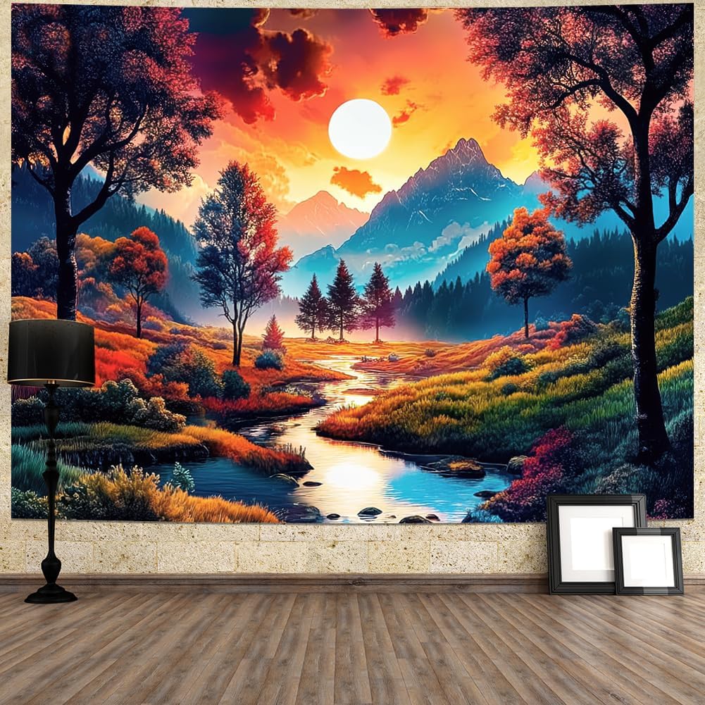 Obsecolors Sun Forest Mountain Tapestry Trippy Sun Tapestry Hippie Nature Landscape Tapestries Aesthetic Sunset Magic River Tapestries Wall Hanging