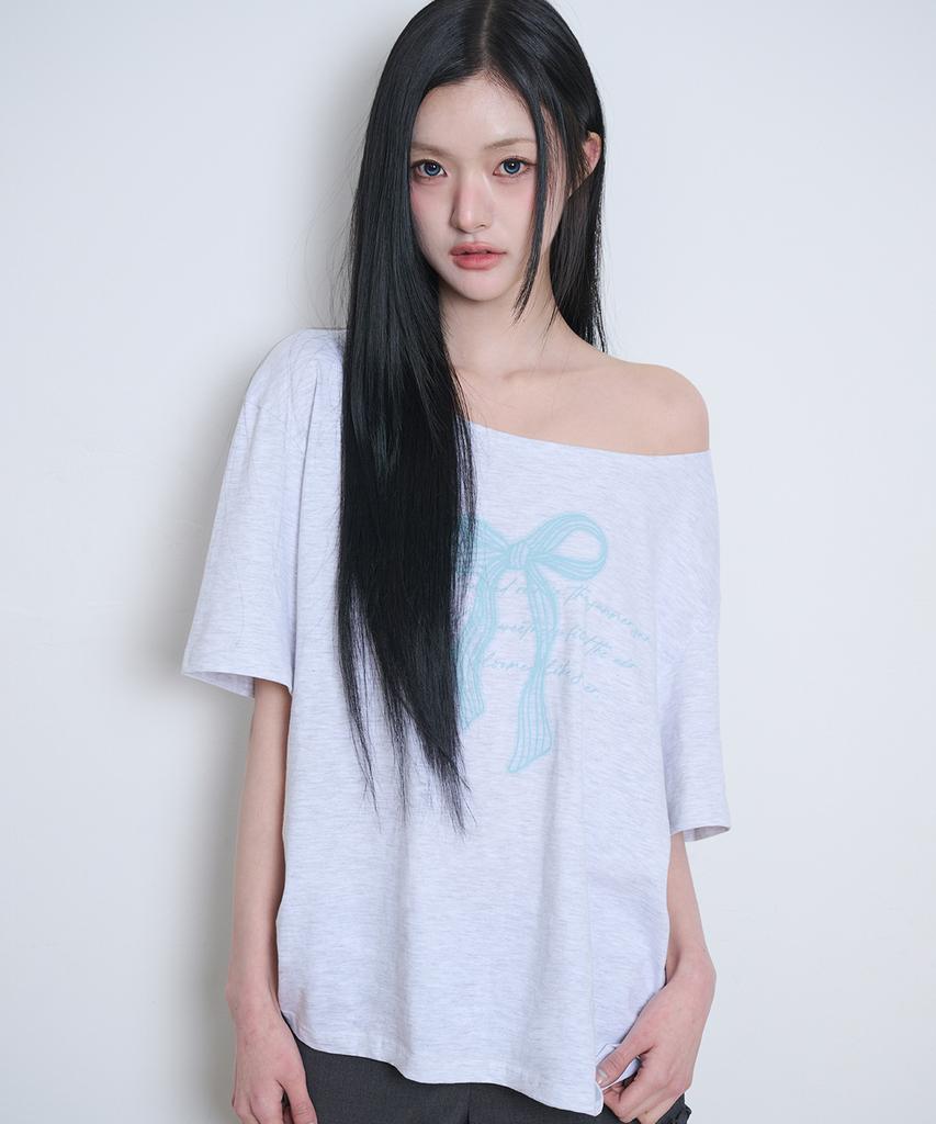 ILLIGO Ribbon Shirred Off-Shoulder T-Shirt Back Melange
