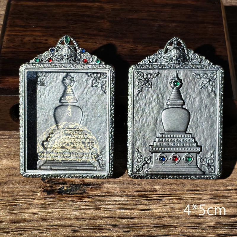 Wutai Mountain Tibetan Thangka Gau Box Pendant - Copper, Gold, Silver, Gemstones, Big White Pagoda Design