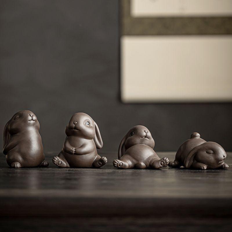 Rabbit Tea Pet Figurine Cute Ceramic Tea Set Accessories Chinese Tea Culture Decor for Living Room Office Desk Ornament
