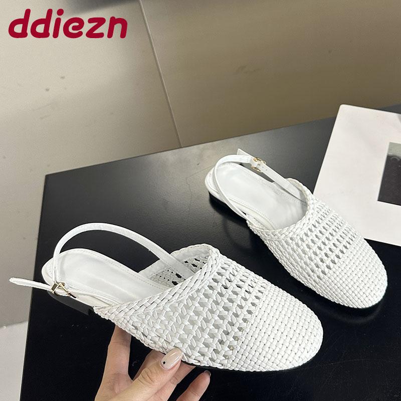 Fashion Female Shallow Fashion Round Toe Ladies Flats Sandals Shoes Slingback Weave Footwear Flats Sandals Shoes For Women Big Size 43