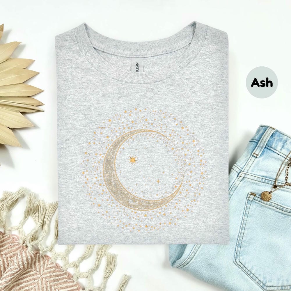 Mystic Moon Phase Celestial Gold Crescent Moon Tee Witchcore Spiritual Graphic TShirt for Women Y2K Top Daily Trendy Streetwear