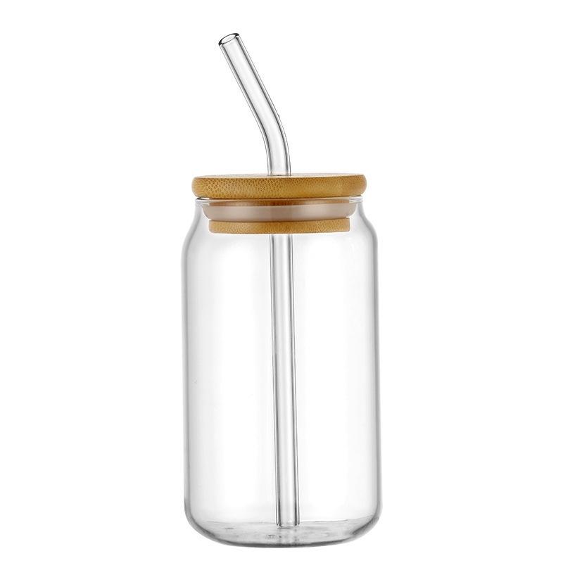 Creative Simple Coke Can Glass Transparent High Temperature Resistant Bamboo Wood Cover Straw Cup High Value Coffee Milk Cup 550ML